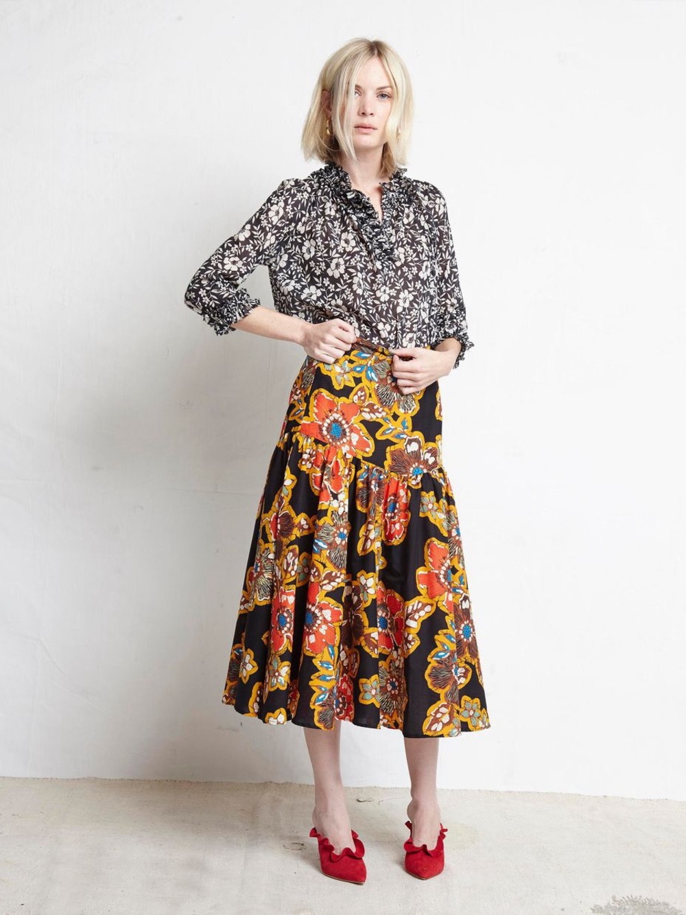 WARM Black Midi Skirt with Red & Gold Floral Print